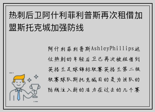 热刺后卫阿什利菲利普斯再次租借加盟斯托克城加强防线